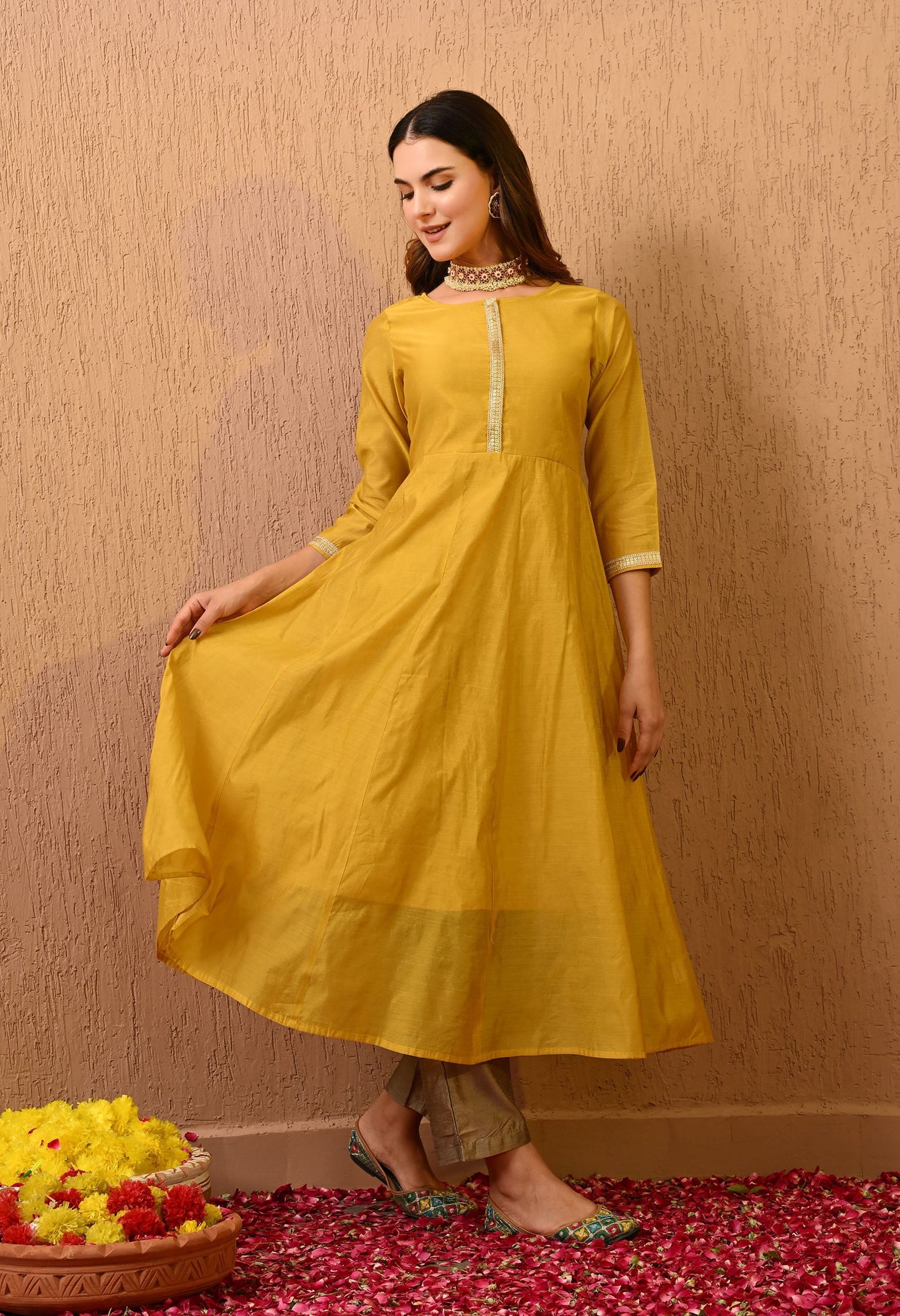 Yellow Chanderi Kurta Pant Set