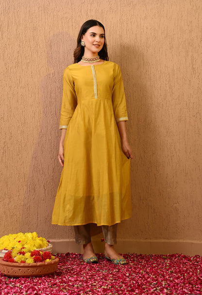 Yellow Chanderi Kurta Pant Set