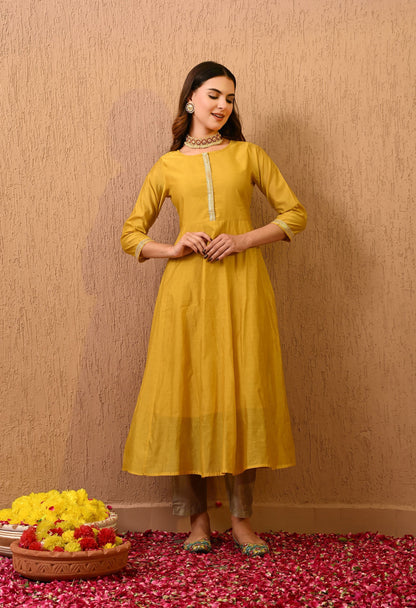 Yellow Chanderi Kurta Pant Set