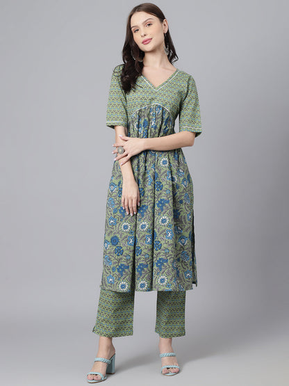 Green Blue Floral Aline Kurta Pant Set