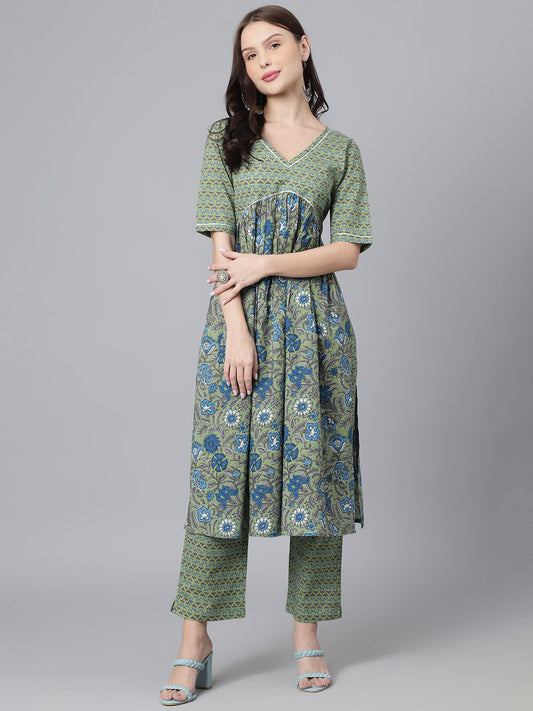 Green Blue Floral Aline Kurta Pant Set