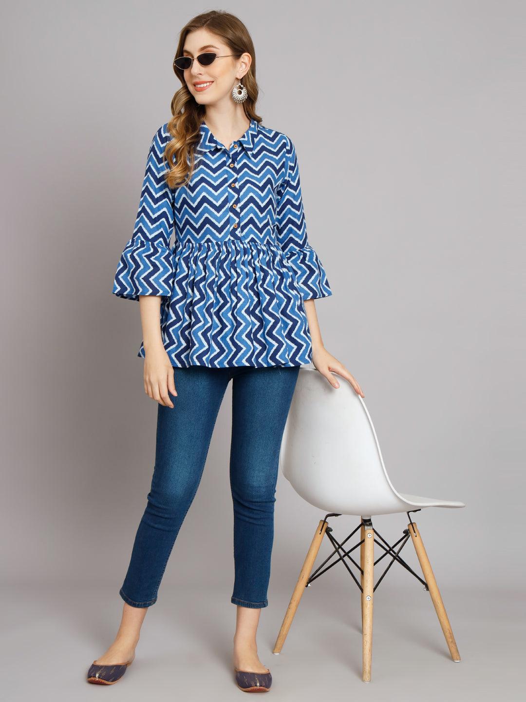 Breezy Chevron Indigo cotton shirt collar Gather Top - Decked Up