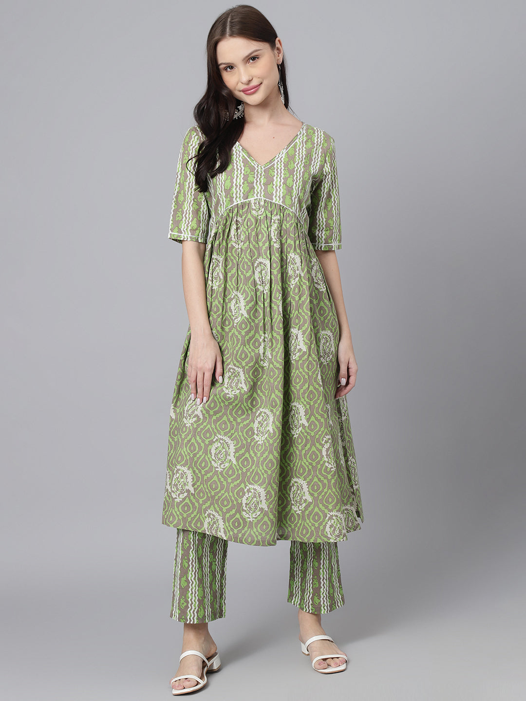 Green White Printed High Slit Kurta