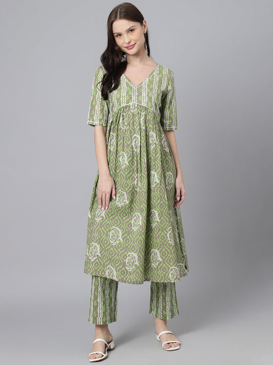 Green White Printed High Slit Kurta