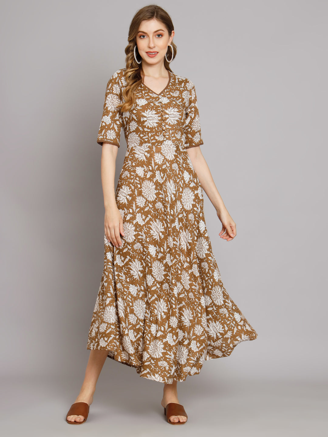 Brown Flared Maxi Pocket Dress