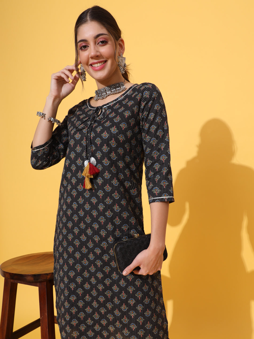 Black Bagru Kantha Kurta