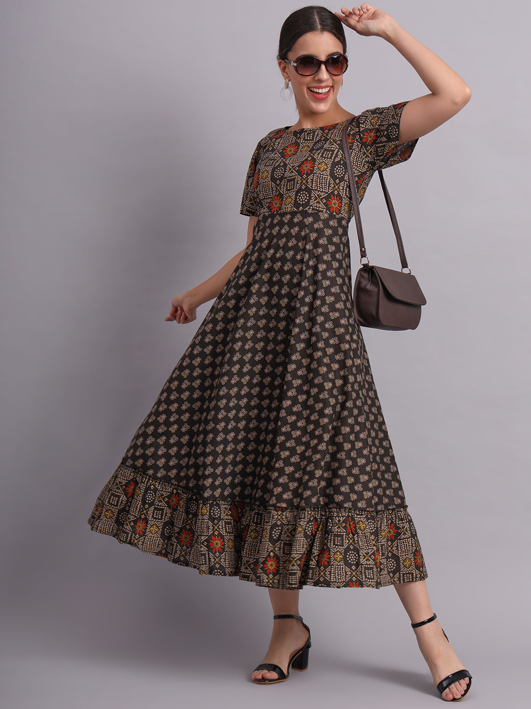 Black Cotton Printed Flared Dress