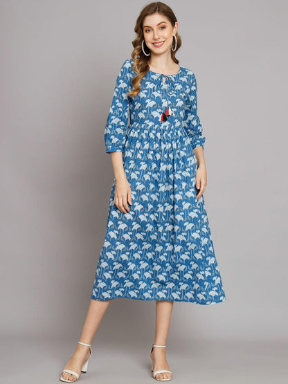 Blue Parrot Cotton Pocket Dress