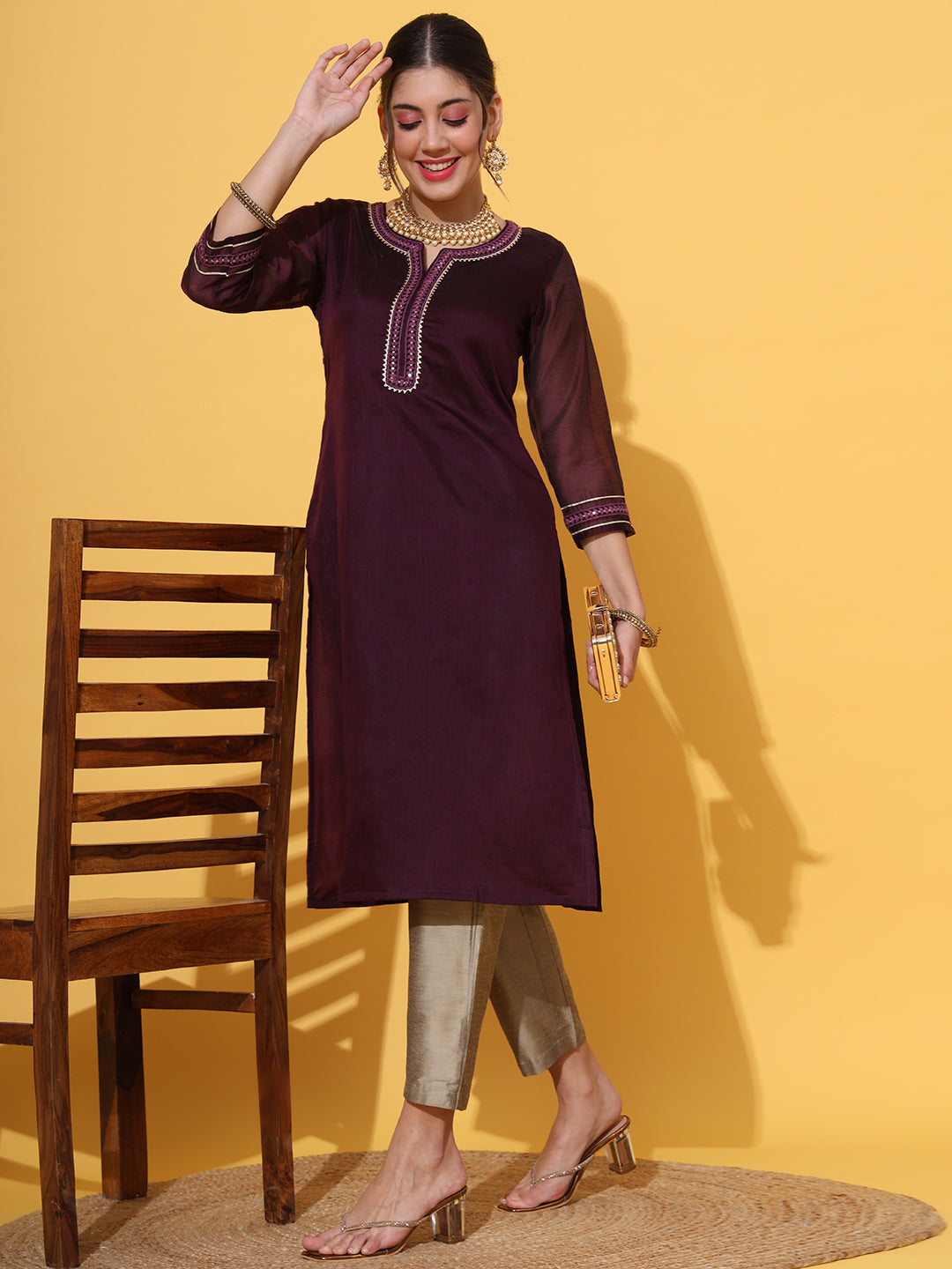 Wine Straight Kurta Pant Set