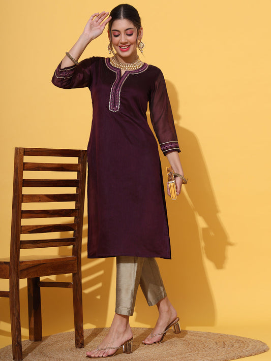 Wine Straight Kurta Pant Set