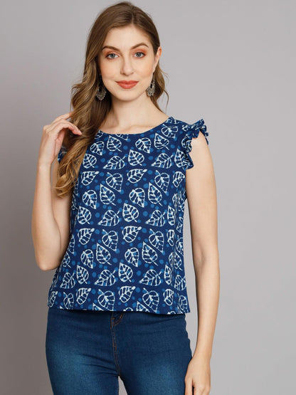 Sassy Indigo Leaf Ruffled top - Decked Up