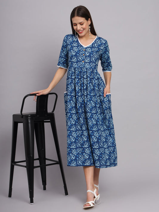 Blue Floral Gather Pocket Dress