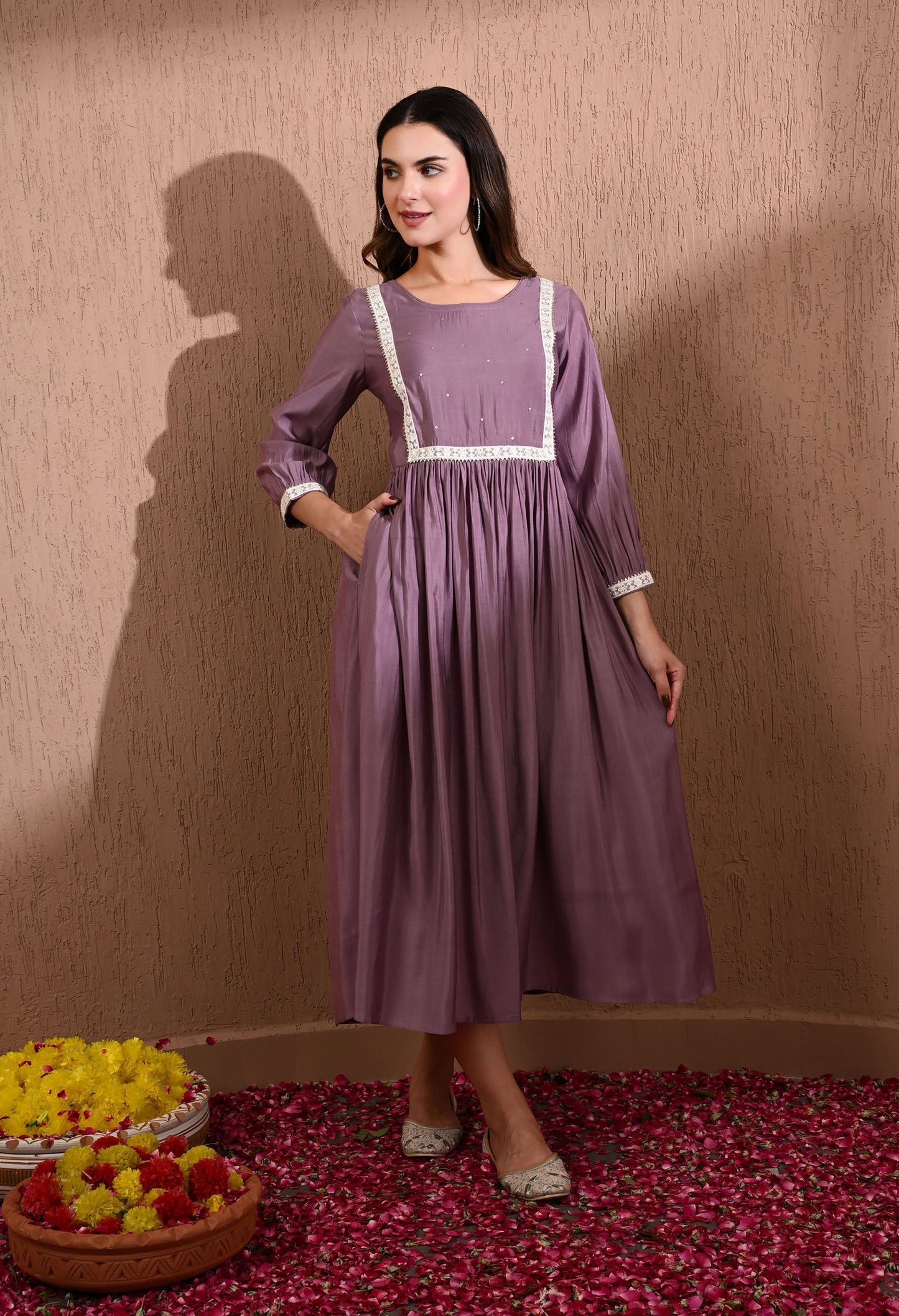 Lavender Solid Empire Dress