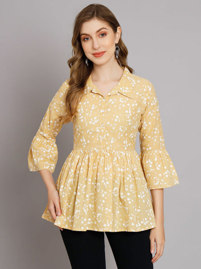 Cream Print Collared Button Top