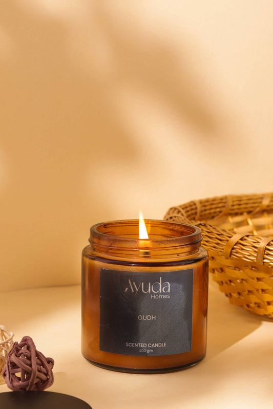 Oudh Scented Candle - Soy Wax | Amber Glass Jar - Ayuda Homes