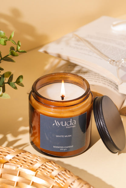 White Musk Scented Candle - Soy Wax | Amber Glass Jar - Ayuda Homes