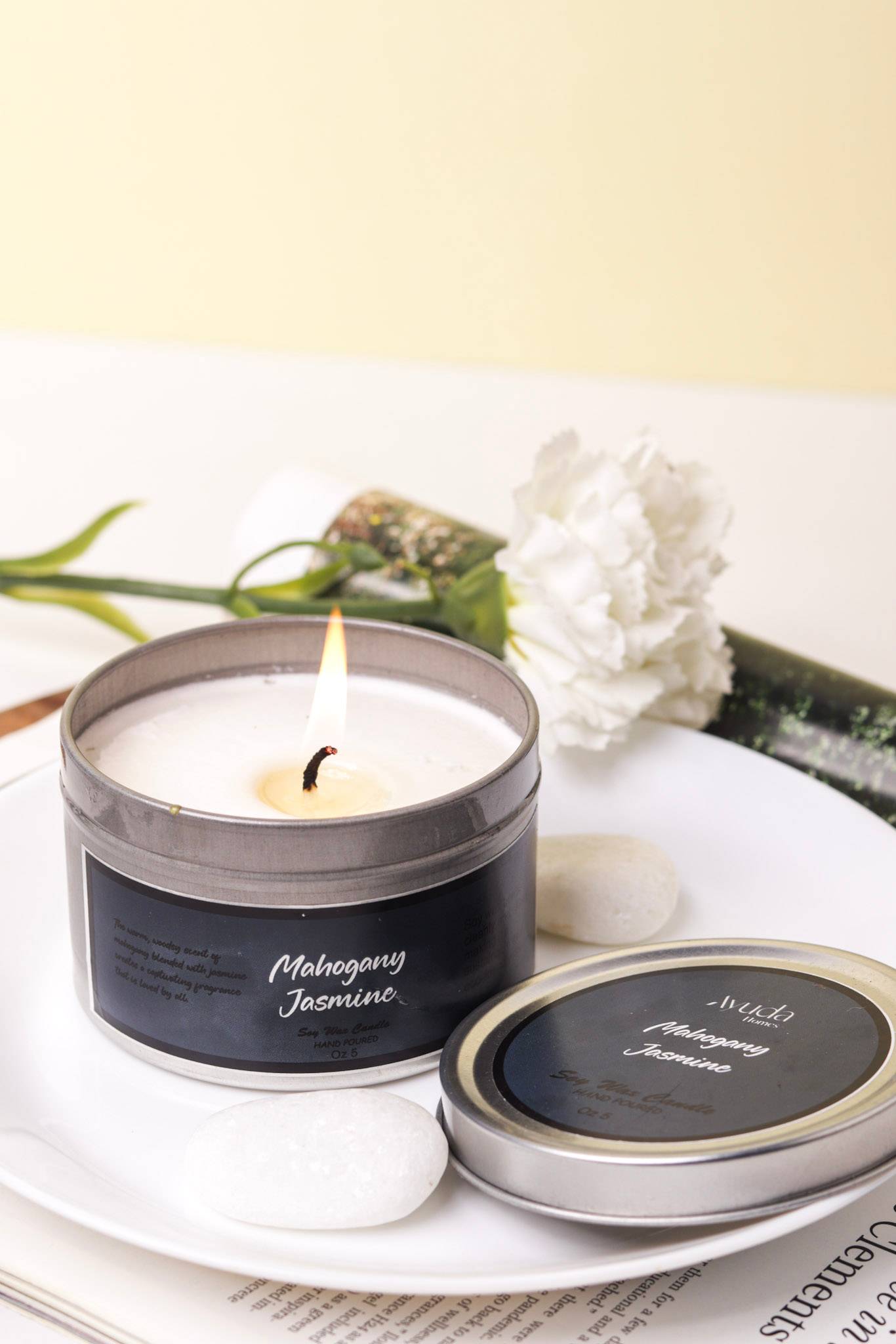 Mahogany & Jasmine Scented Candle - Soy Wax | Tin Jar - Ayuda Homes