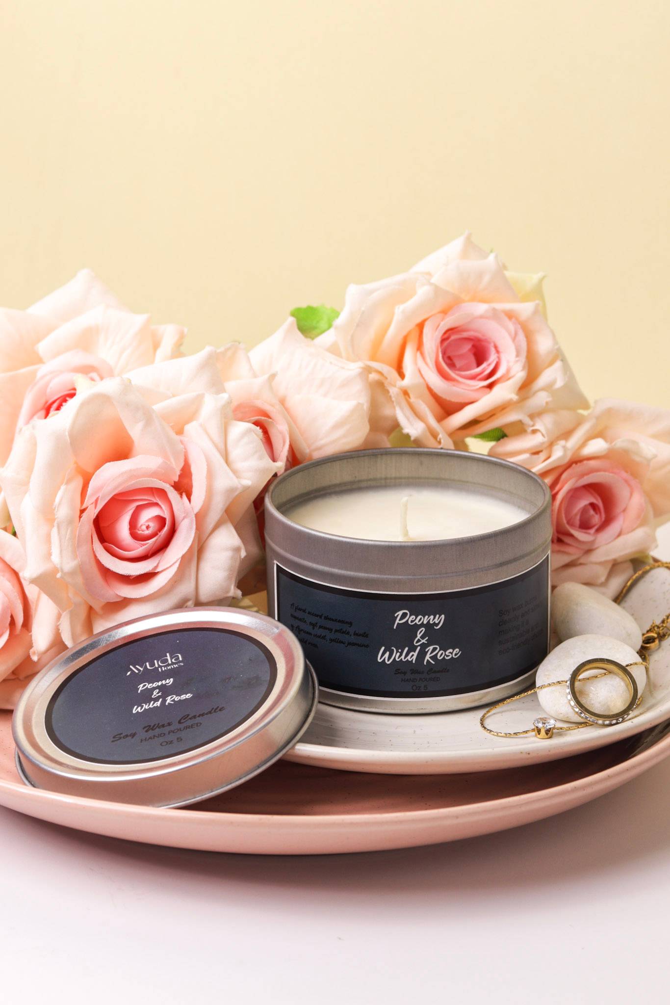 Peony & Wild Rose Scented Candle - Soy Wax | Tin Jar - Ayuda Homes