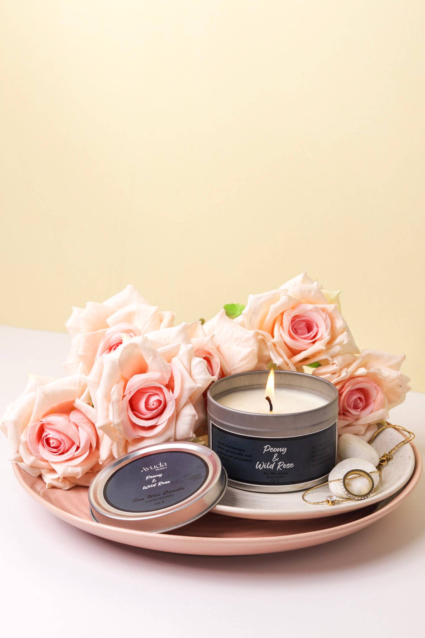 Peony & Wild Rose Scented Candle - Soy Wax | Tin Jar - Ayuda Homes