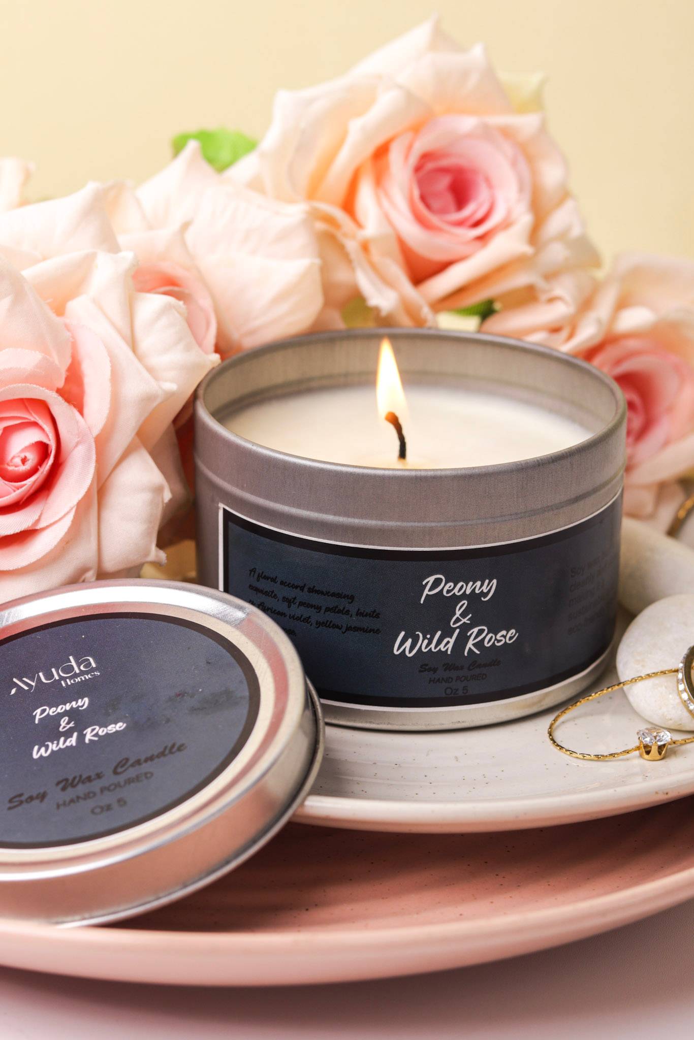 Peony & Wild Rose Scented Candle - Soy Wax | Tin Jar - Ayuda Homes