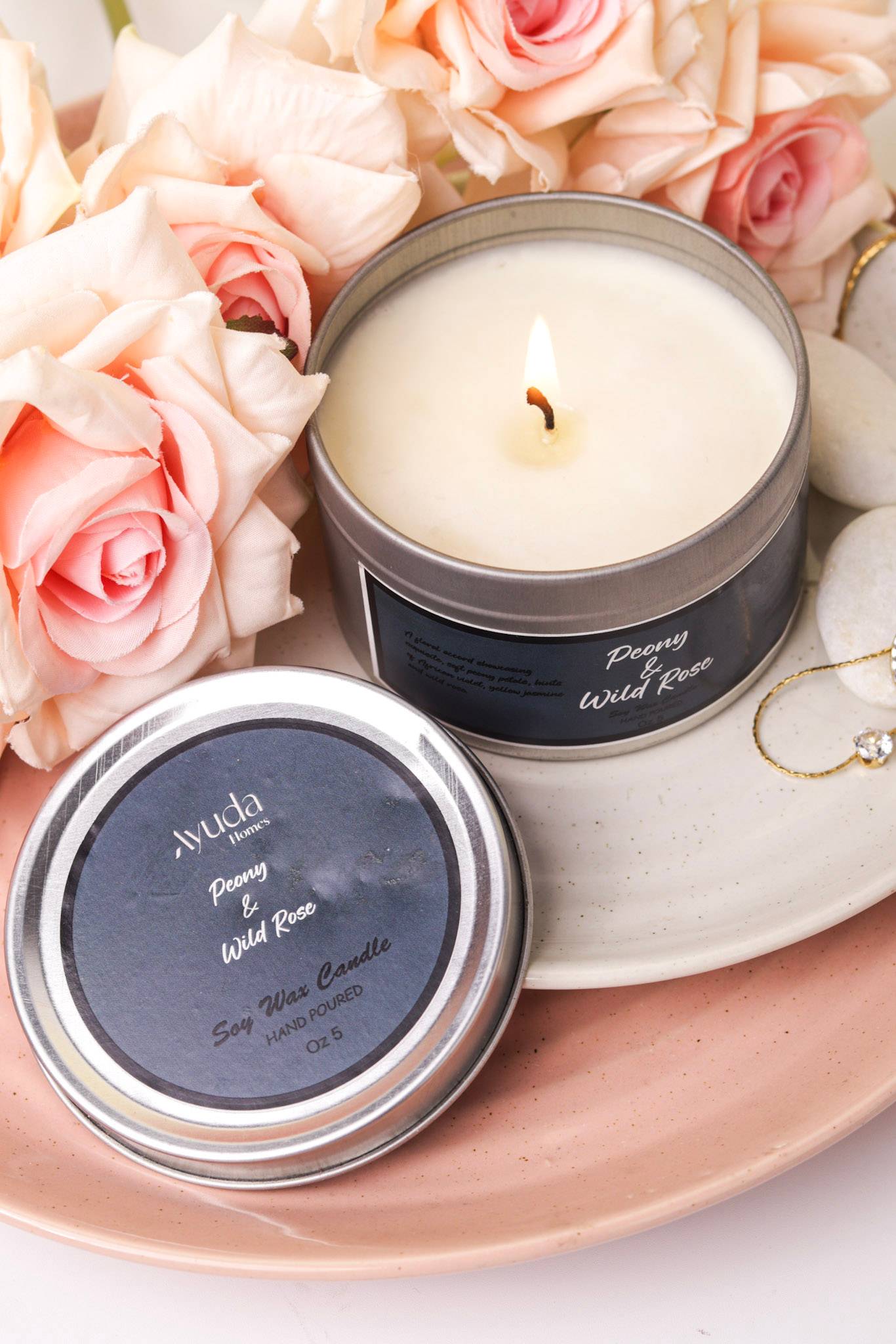 Peony & Wild Rose Scented Candle - Soy Wax | Tin Jar - Ayuda Homes