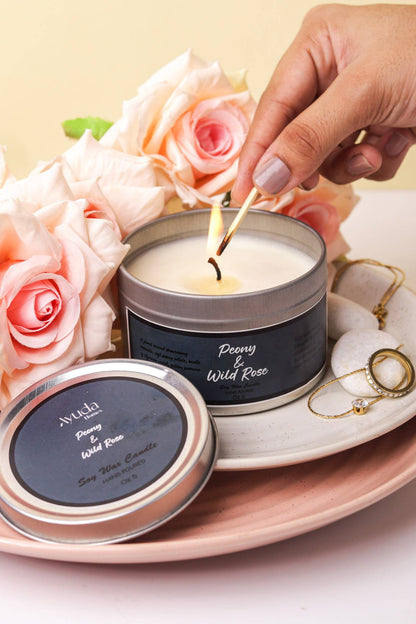 Peony & Wild Rose Scented Candle - Soy Wax | Tin Jar - Ayuda Homes