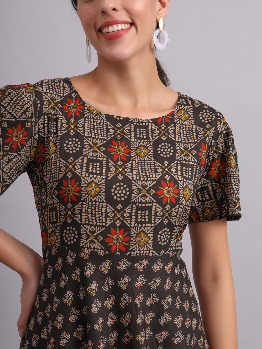 Black Cotton Printed Flared Dress