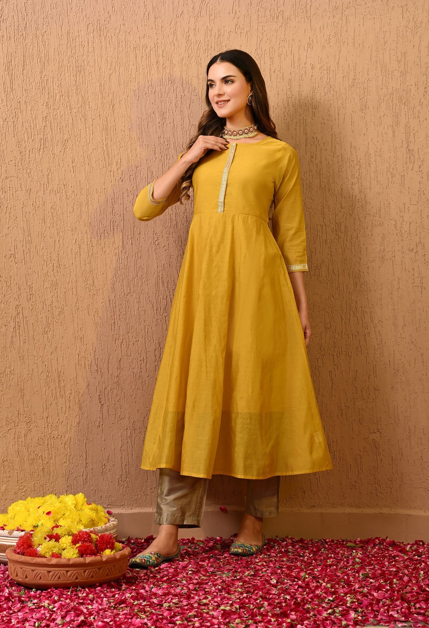 Yellow Chanderi Kurta Pant Set