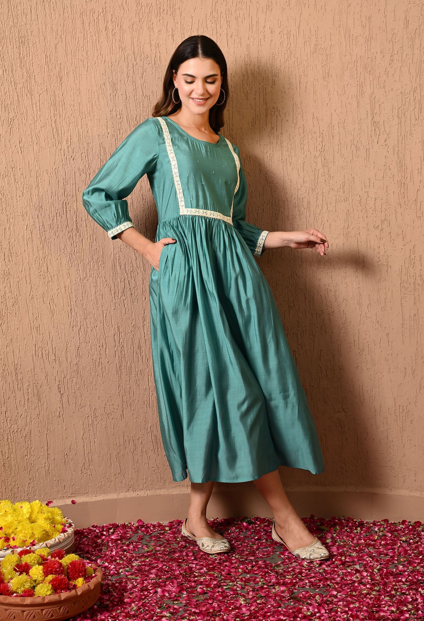 Teal Solid Empire Dress