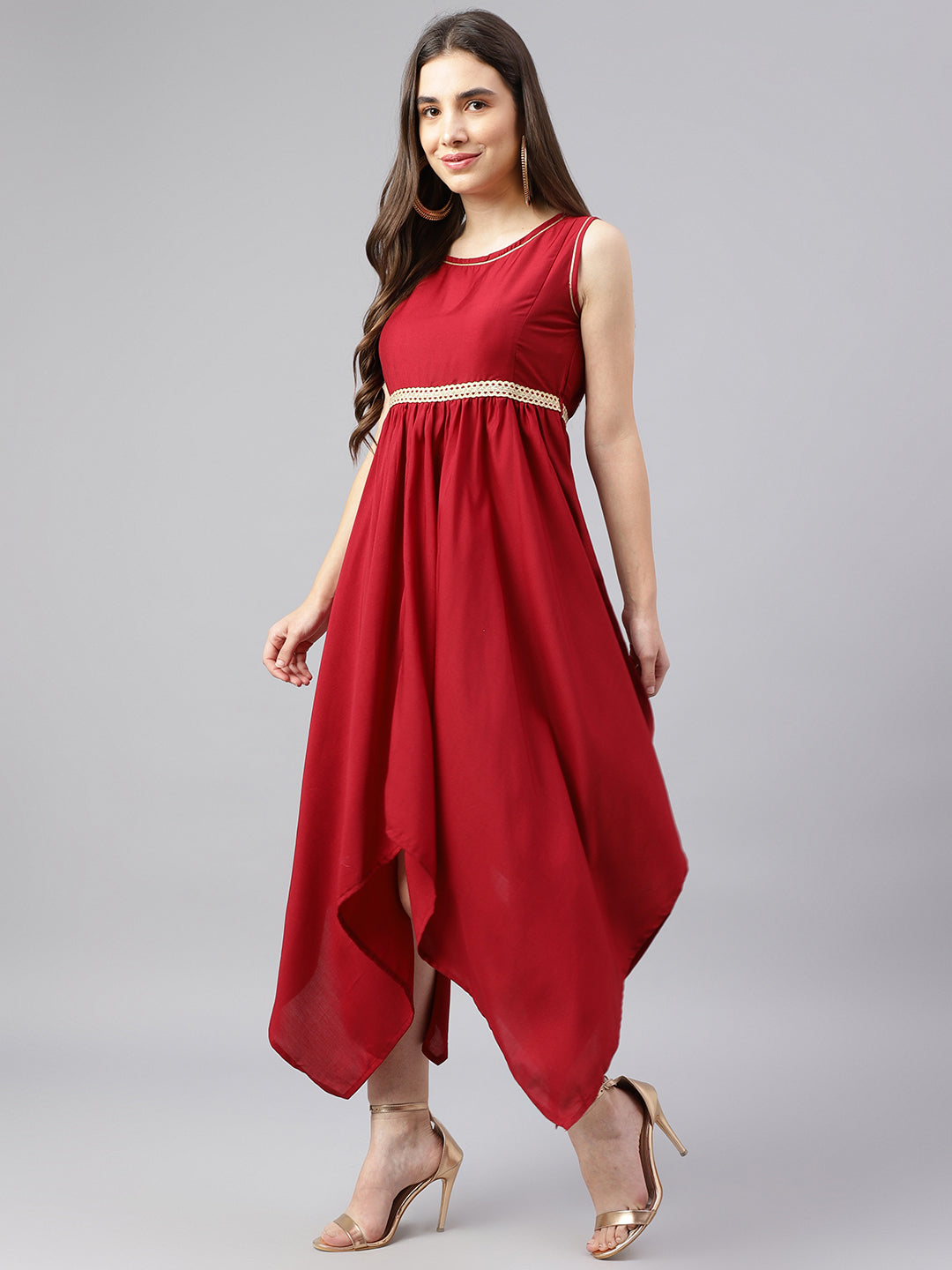 Maroon Ethnic Asymmetric Dress With Belt