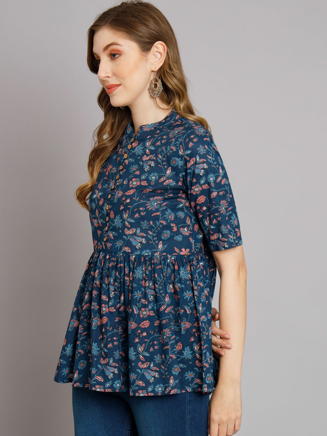 Blue Floral Print Collared Top