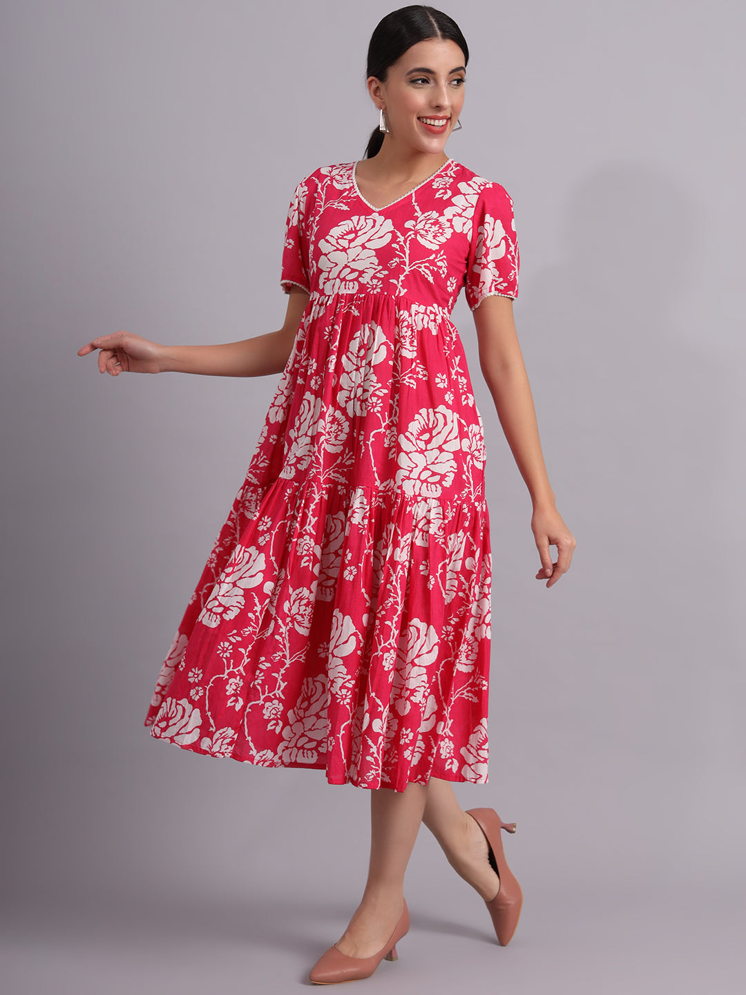 Floral Printed Cotton Empire Midi Dress