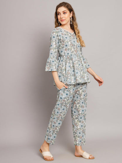 Cream Floral Print Flared Co-ord Set