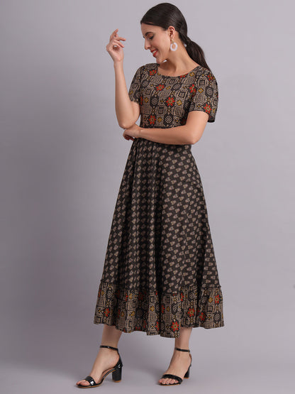 Black Cotton Printed Flared Dress