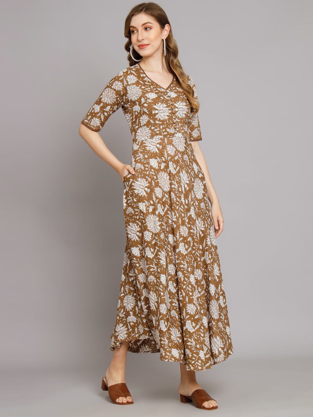 Brown Flared Maxi Pocket Dress