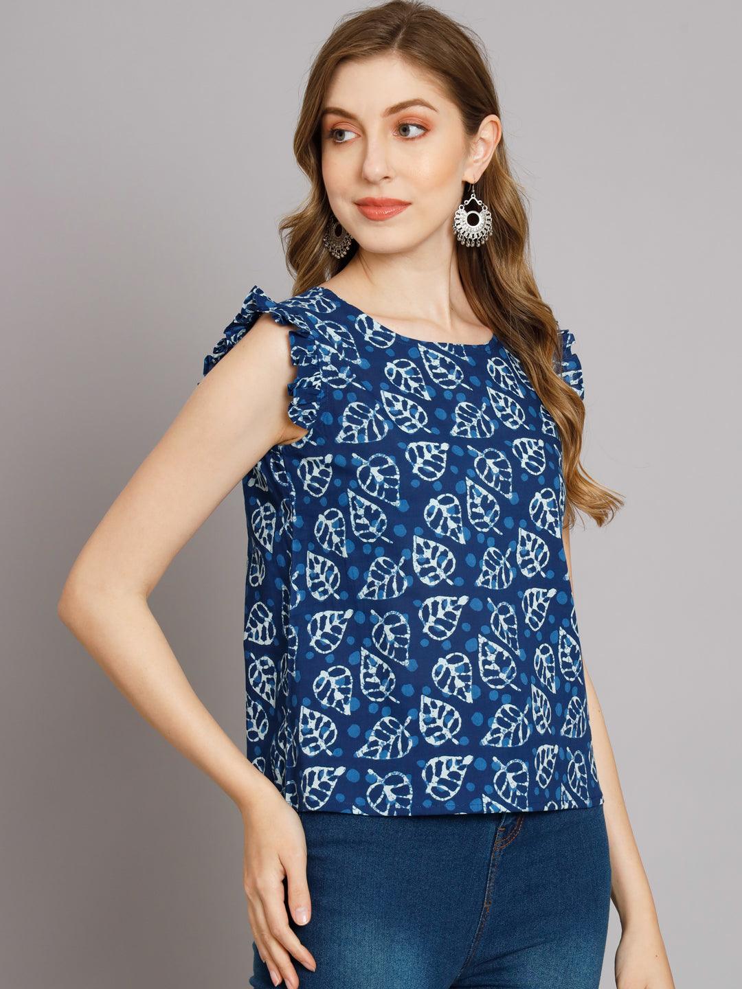 Sassy Indigo Leaf Ruffled top - Decked Up