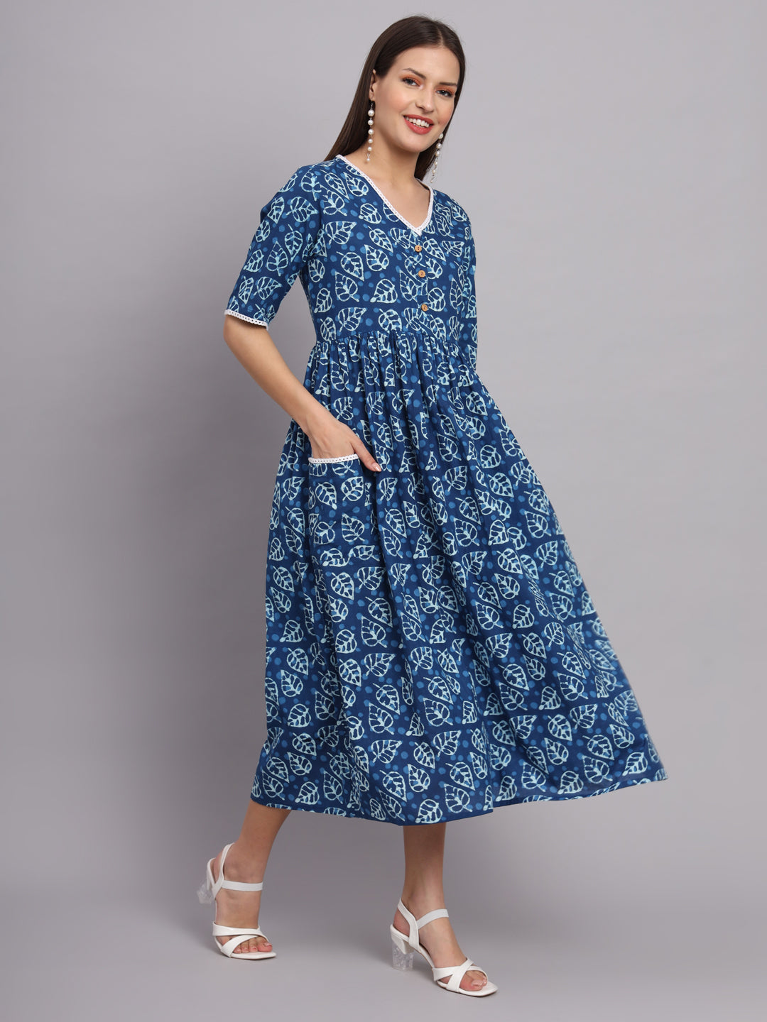 Blue Floral Gather Pocket Dress