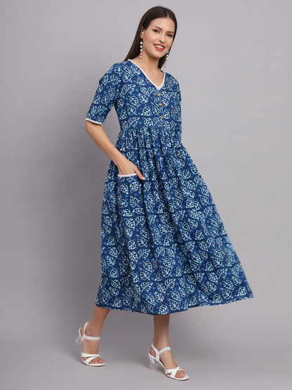 Blue Floral Gather Pocket Dress