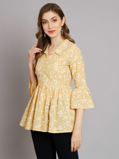 Cream Print Collared Button Top