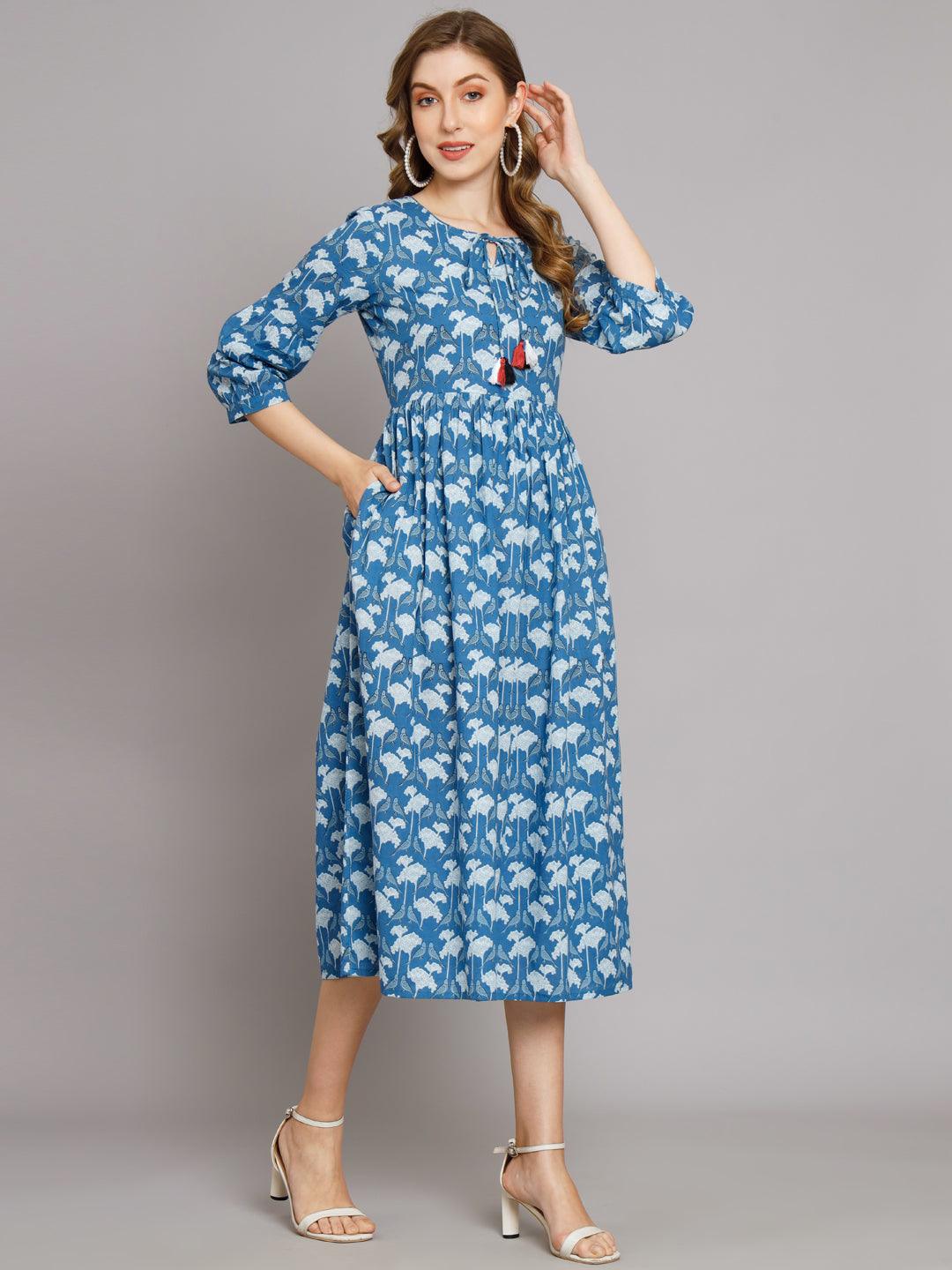 Blue Parrot Cotton Pocket Dress