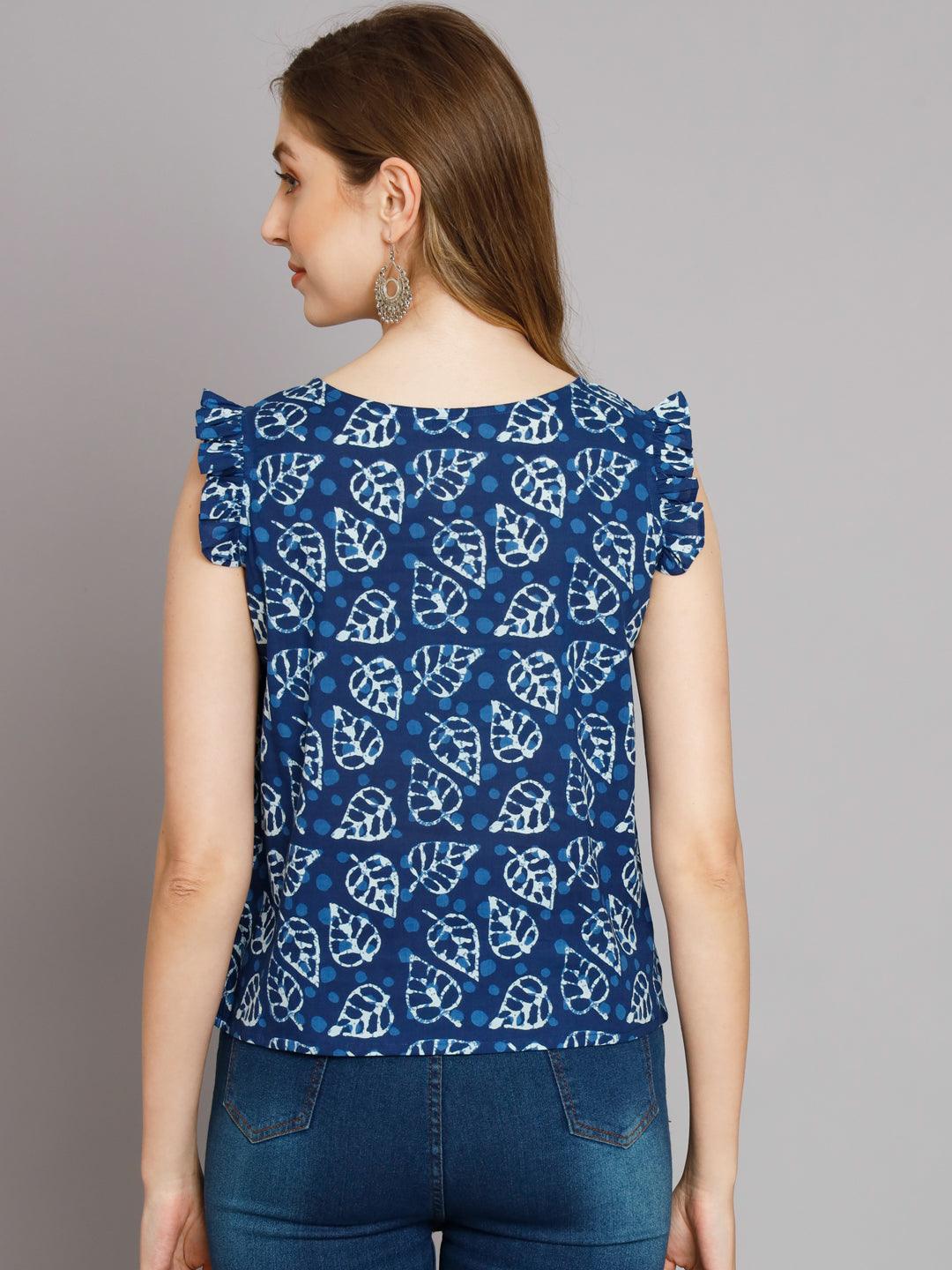 Sassy Indigo Leaf Ruffled top - Decked Up