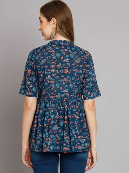 Blue Floral Print Collared Top