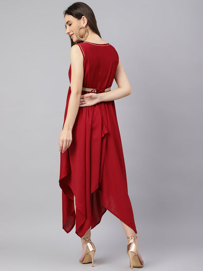 Maroon Ethnic Asymmetric Dress With Belt