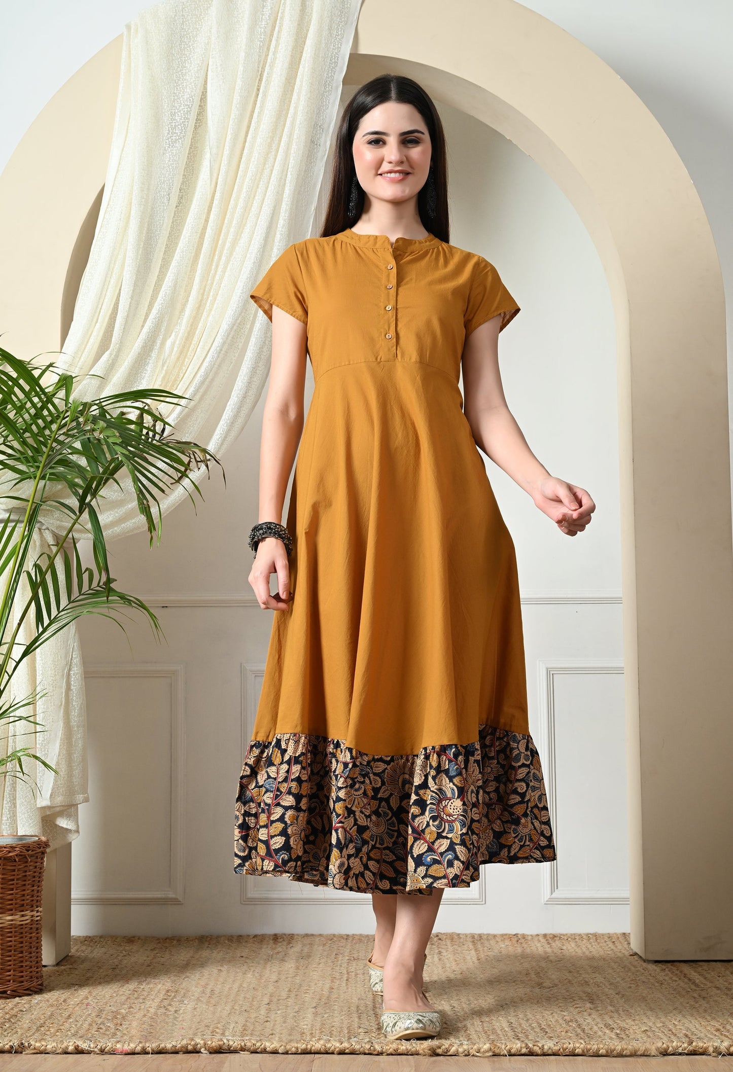 Mustard with Kalamkari Flared Dress