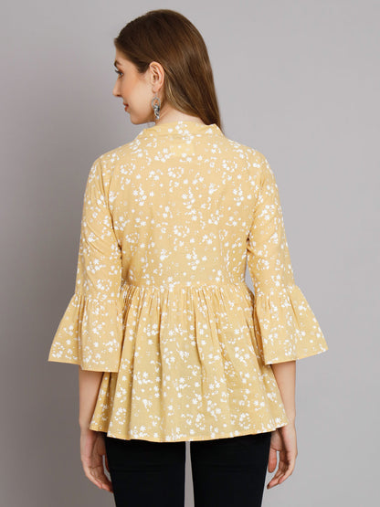 Cream Print Collared Button Top