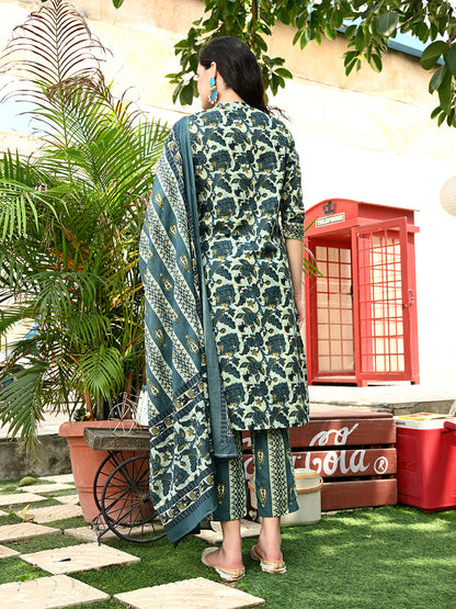 Green Ajrak Cotton Straight Kurta Pant Dupatta Set