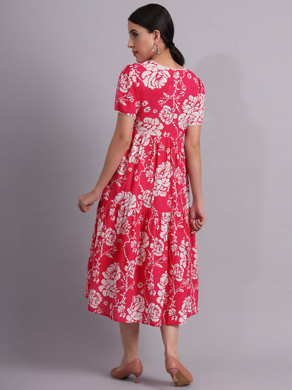 Floral Printed Cotton Empire Midi Dress