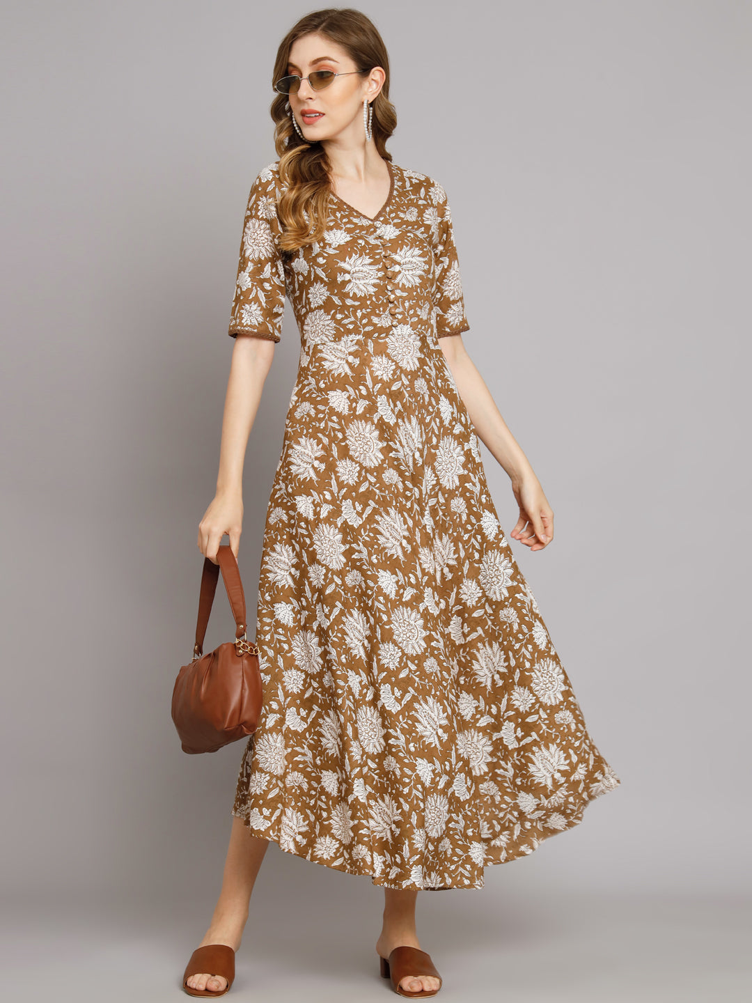 Brown Flared Maxi Pocket Dress