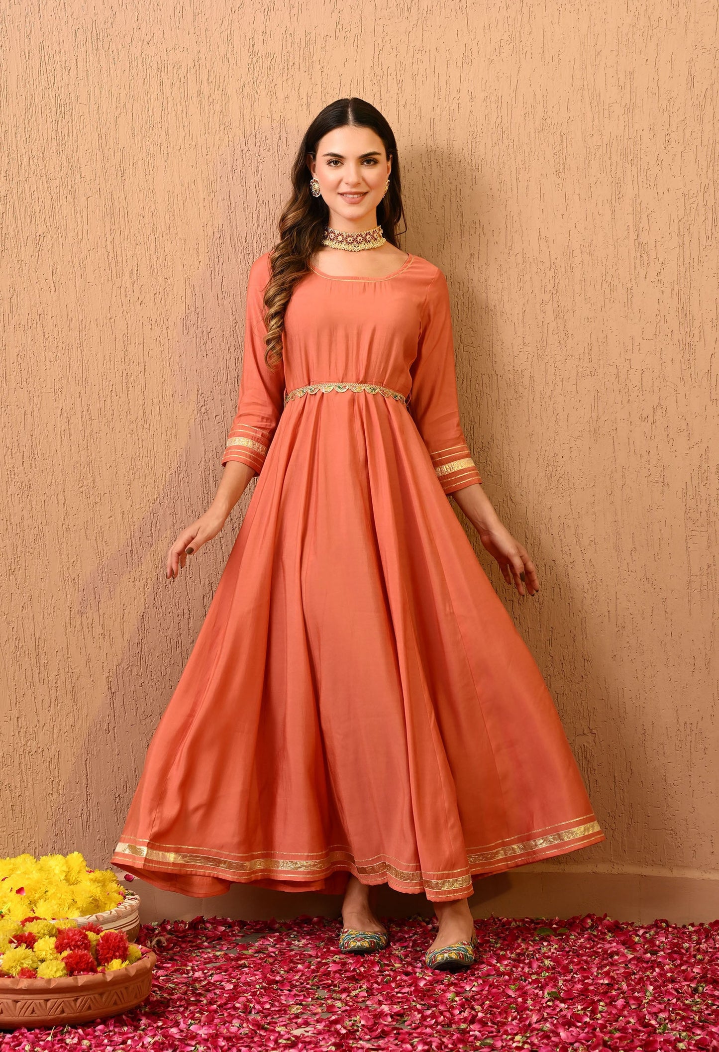 Peach Solid Gown Dress