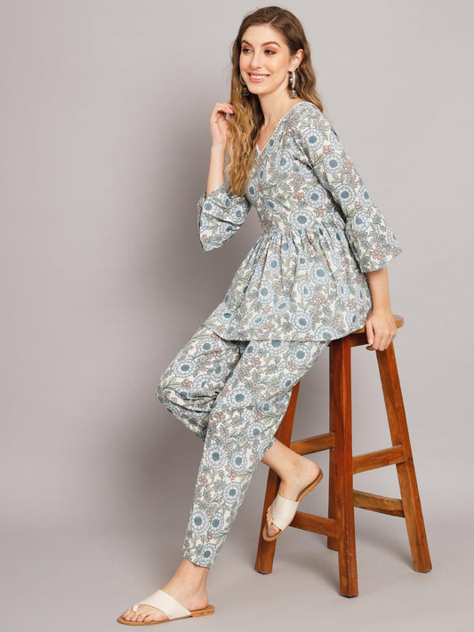 Cream Floral Print Flared Co-ord Set